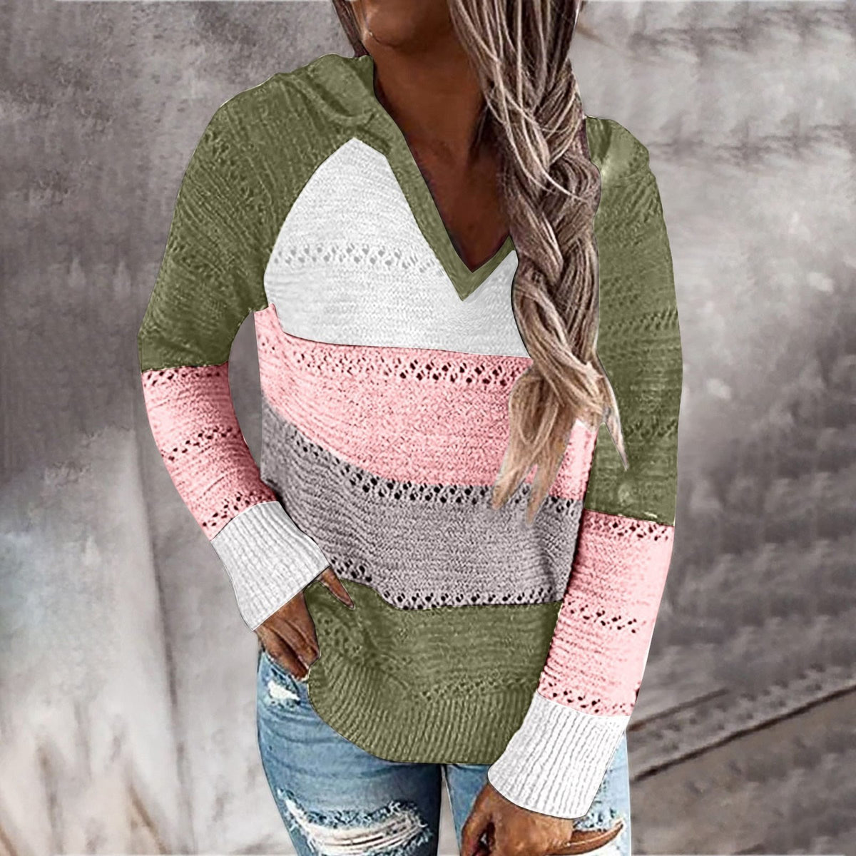 Loose Striped Long-Sleeved Wool Sweater for Women