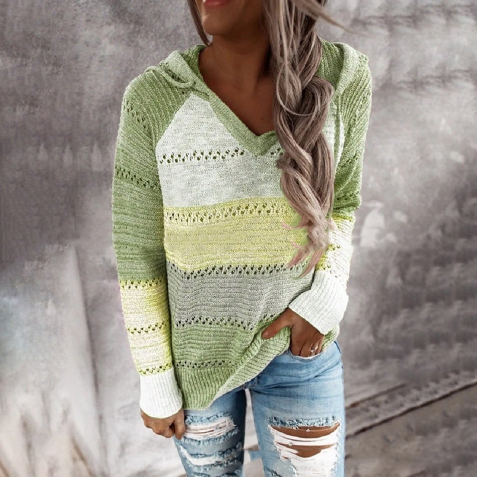 Loose Striped Long-Sleeved Wool Sweater for Women